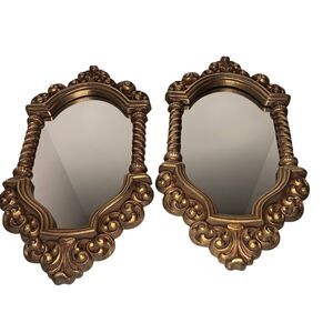 Vintage Syroco Gold Baroque Rococo Hollywood Regency Oval Wall Mirror Set Of Two